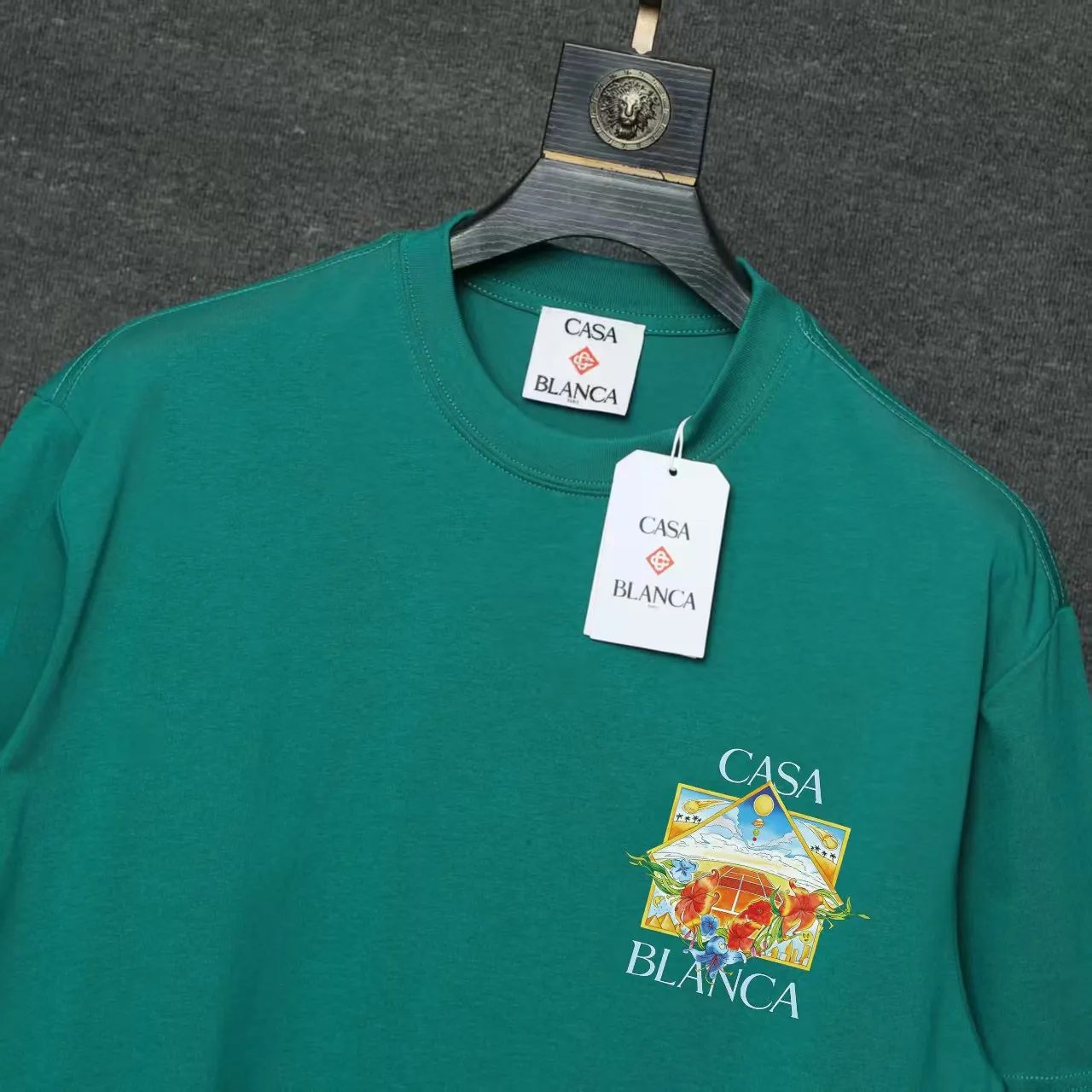 26ss CASABLANCA original printing process short-sleeved T-shirt original development using high-density double yarn pure cotton fabric upper body soft and comfortable color Black White Dark Green color Orange Pink Blue Royal Blue color cigarette powder 8 colors Sizes S M L XL